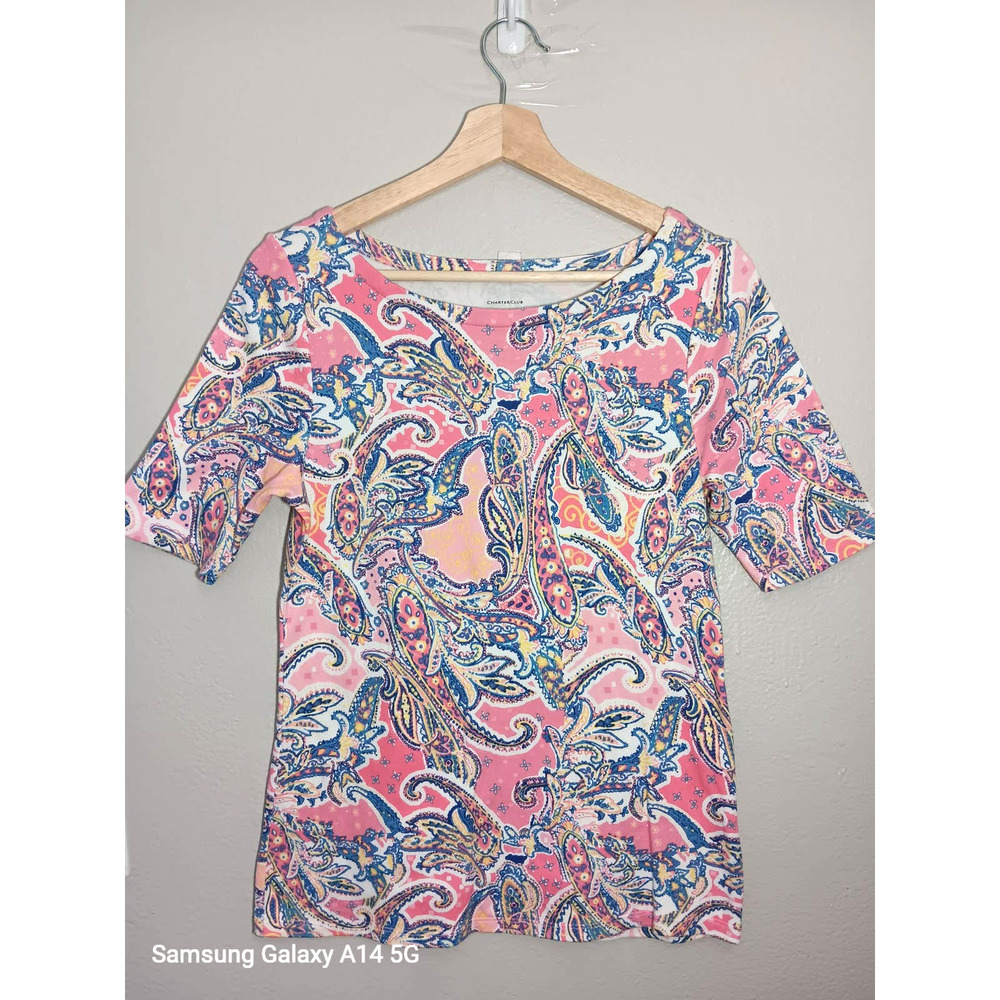 Charter Club Perfectly Soft Pima Floral Cotton Short Sleeve Pink Blue S Blouse